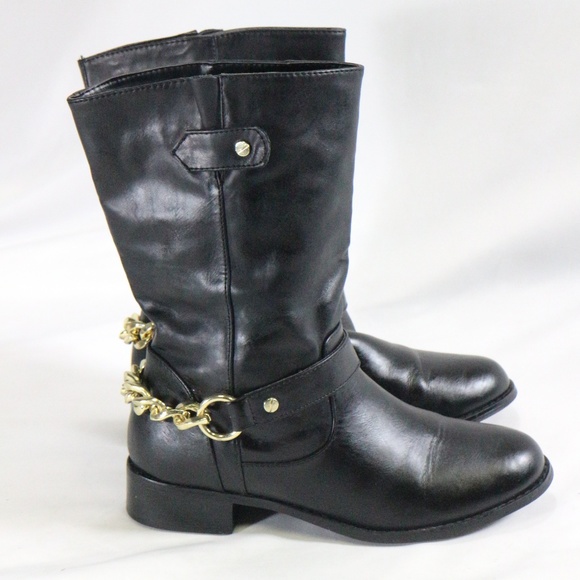 Express Shoes - EXPRESS Black Vegan Gold Chain Pull on Mid Boots